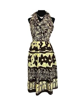 SUZI CHEN for Maggy Boutique ~ Brown and Chartreuse Patterned Midi Dress size 8
